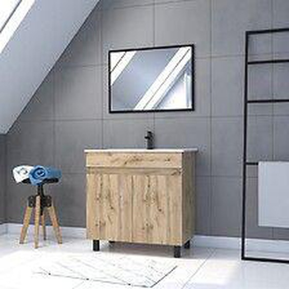 Meuble Salle De Bain 80x80 - Finition Chene Naturel + Vasque Blanche + Miroir - Timber 80 - Pack25