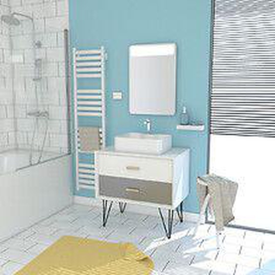 Meuble Salle De Bain Scandinave Blanc Et Gris 80 Cm Avec Tiroirs, Vasque A Poser Et Miroir