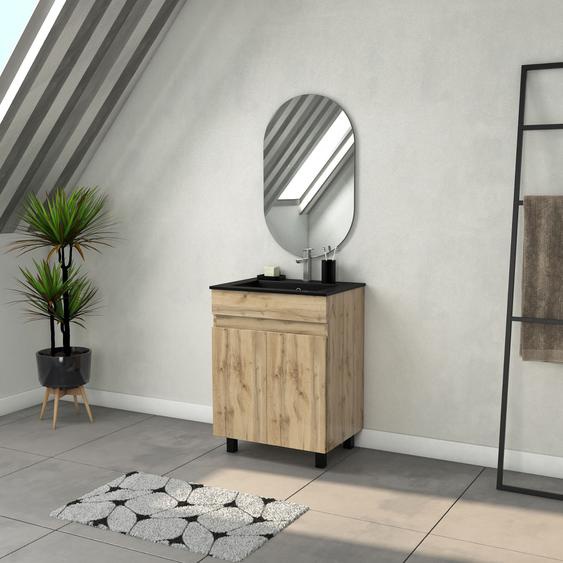 Meuble Salle De Bains 60cm 2 Portes Chêne Industriel + Vasque Noire Et Miroir Ovale