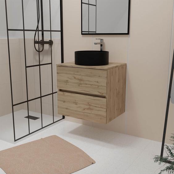 Meuble Salle De Bains 60cm 2 Tiroirs Chêne Naturel + Vasque Ronde Diamètre 36cm En Céramique Noire