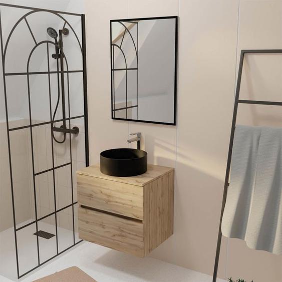 Meuble Salle de Bains 60cm 2 Tiroirs Chêne Naturel + Vasque Ronde Noire 36cm et Miroir 60x80cm