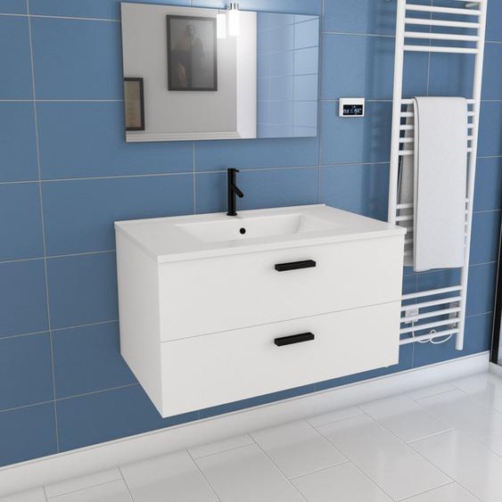 Meuble Salle De Bains 80 Cm 2 Tiroirs Blanc Avec Vasque Blanche, Miroir Et Applique Led - Box Led