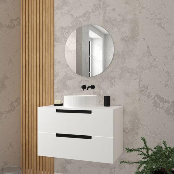 Meuble salle de bains 80cm Blanc Laque 2 tiroirs - Vasque Blanche 36cm et Miroir Rond 60cm