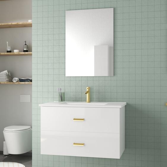 Meuble Salle De Bains 80 Cm Laqué Blanc Et Or Doré À Tiroirs Avec Vasque Céramique Et Miroir