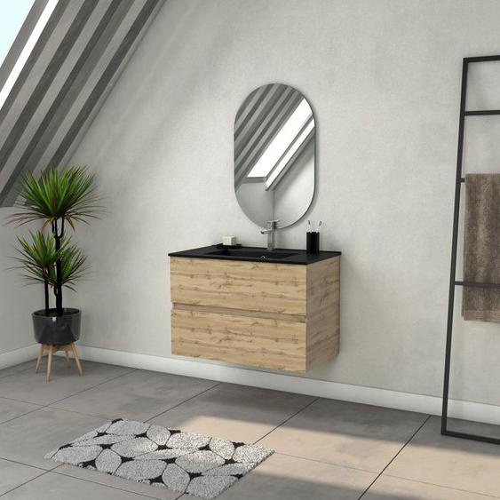 Meuble Salle de Bains 80cm 2 Tiroirs Chêne Naturel + Vasque Noire et Miroir Ovale