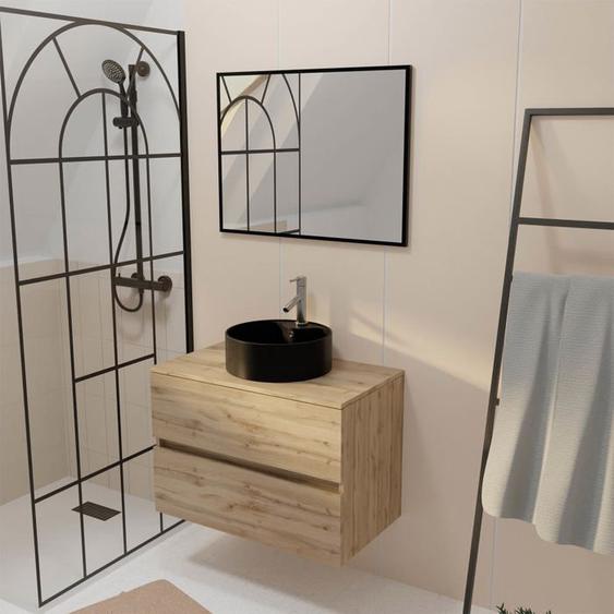 Meuble Salle de Bains 80cm 2 Tiroirs Chêne Naturel + Vasque Ronde Noire 41cm et Miroir 60x80cm