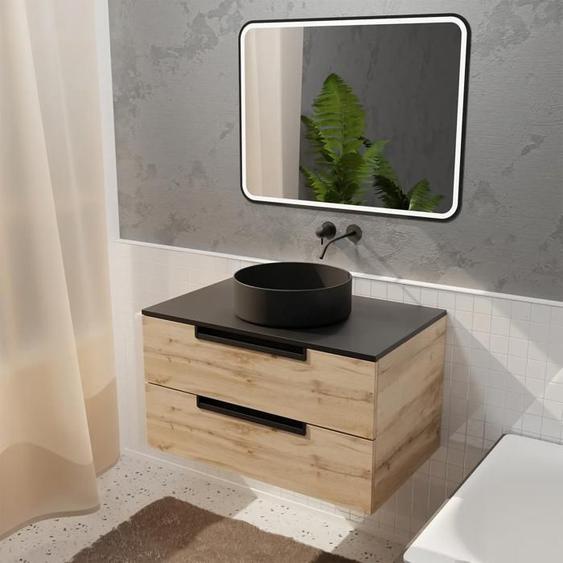 Meuble salle de bains 80cm Decor Bois et Noir, 2 Tiroirs, Vasque Noire 36cm et Miroir Led 80x60cm