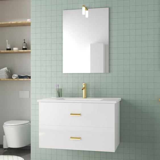 Meuble Salle De Bains 80cm Laqué Blanc Et Or Doré À Tiroirs Avec Vasque - Miroir & Applique Led