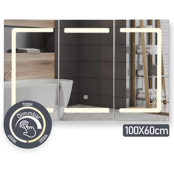 Aquamarin® Armoire De Toilette Avec Miroir Et Éclairage - 100x60x13cm, Led Blanc Froid/Chaud/Neutre, 8 Étagères, 3 Portes, Tactile, Fonction Dimmer, Prise De Rasoir - Miro...