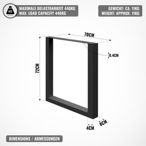 MIADOMODO® Pieds de Table - Style Industriel, Rectangulaire, 70 x 72 cm, Acier, Noir - Pieds de Table à Manger, de Bureau