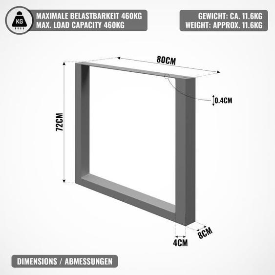 MIADOMODO® Pieds de Table - Style Industriel, Rectangulaire, 80 x 72 cm, Acier, Gris - Pieds de Table à Manger, de Bureau