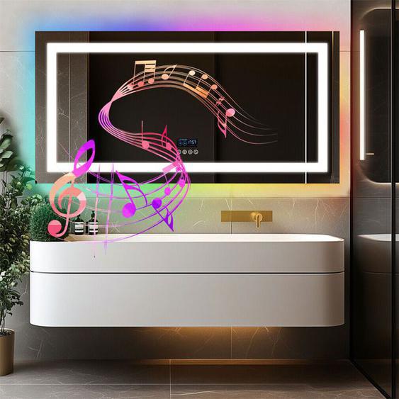 Miroir LED Salle de Bain 120x60cm, Bluetooth 5.2, Horloge, 72W, Mémoire, Tactile, RGB Multicolore, Dimmable