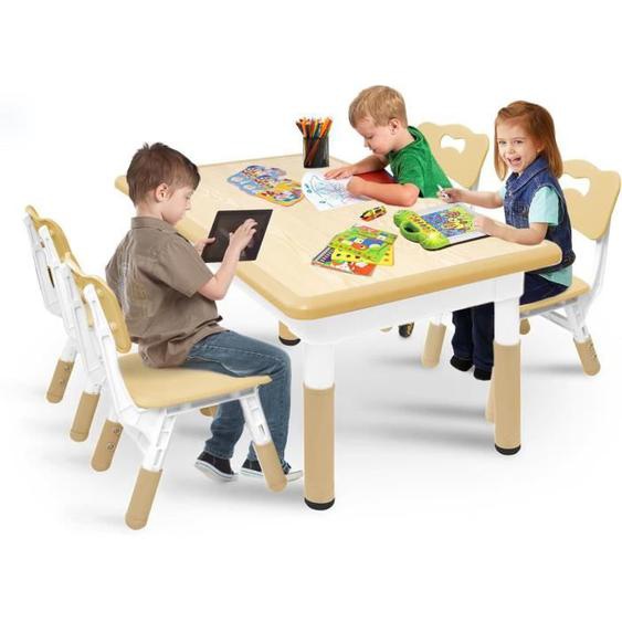 NAIZY Table pour enfants avec 4 chaises ensemble de chaises de table pour enfants réglables en hauteur meubles, couleur bois