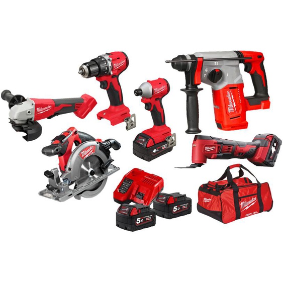 Pack 18V 6 outils (M18 BLPDRC/M18 BLIDRC/M18 BLH/M18 BLSAG125XPD/M18 CCS55/M18 BMT) + 4 batteries 5Ah + chargeur + sac - MILWAUKEE TOOLS - 4933498561