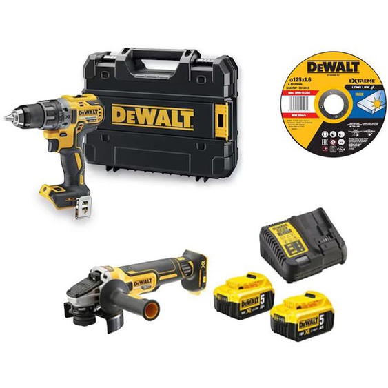 Pack 2 outils 18V XR (DCD791/DCG405) + 25 disques à tronçonner (DT43906) + 2 batteries 5.0Ah + chargeur + TSTAK - DEWALT - DCK2020P2T/DT43906