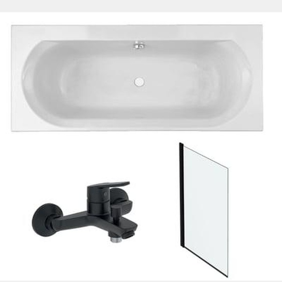 Pack baignoire droite 170 x 75 Elise + mitigeur bain douche noir mat + pare bain noir mat + vidage