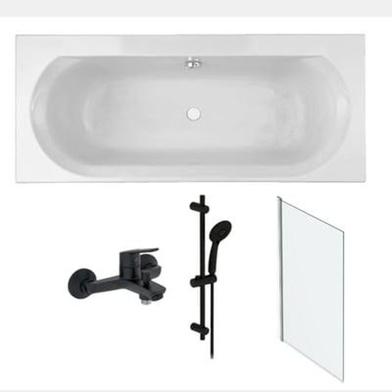 Pack baignoire droite 170 x 75 Elise + pack pommeau et mitigeur bain douche noir mat + pare bain chromé + vidage