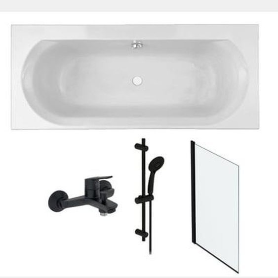 Pack baignoire droite 170 x 75 Elise + pack pommeau et mitigeur bain douche noir mat + pare bain noir mat + vidage