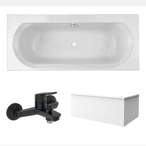 Pack baignoire droite 170 x 75 Elise + tablier en angle + mitigeur bain douche mural Aimé noir + vidage