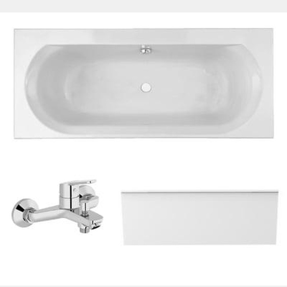 Pack baignoire droite 170 x 75 Elise + tablier en niche + mitigeur bain douche mural Aimé chromé + vidage