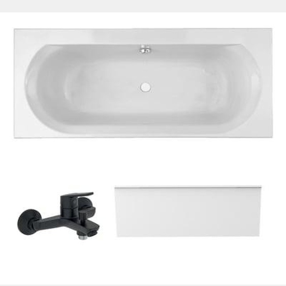 Pack baignoire droite 170 x 75 Elise + tablier en niche + mitigeur bain douche mural Aimé noir + vidage