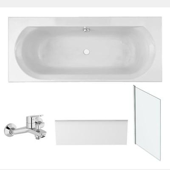 Pack baignoire droite 170 x 75 Elise + tablier niche + mitigeur bain Aimé chromé + pare bain chromé + vidage