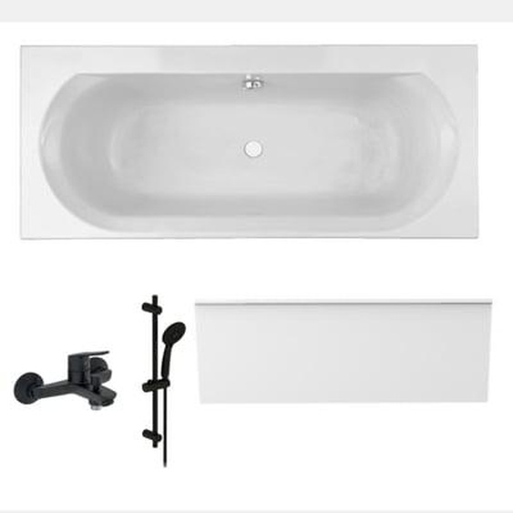 Pack baignoire droite 170 x 75 Elise + tablier niche + pommeau et mitigeur bain noir mat Aimé + vidage