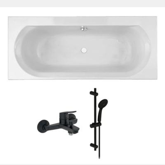 Pack baignoire droite 180 x 80 Elise + pack pommeau et mitigeur bain douche noir mat Aimé + vidage