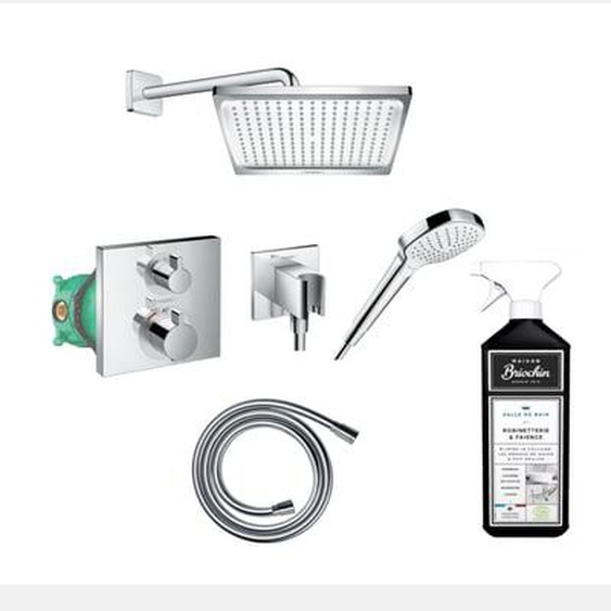 Pack de douche encastré thermostatique Ecostat Square chromé + nettoyant Briochin