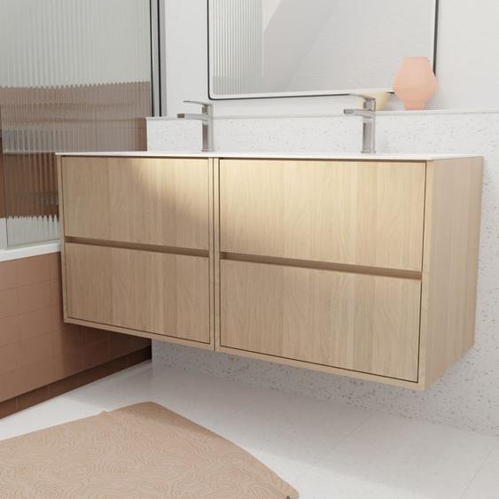 Pack Meuble Salle de Bains 120 cm Chêne Clair, 4 tiroirs avec Vasque Céramique - XENOS