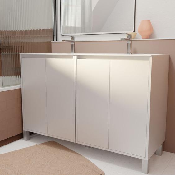 Pack Meuble Salle de Bains 120 cm Laqué Blanc, 4 portes avec Vasque Céramique - XENOS