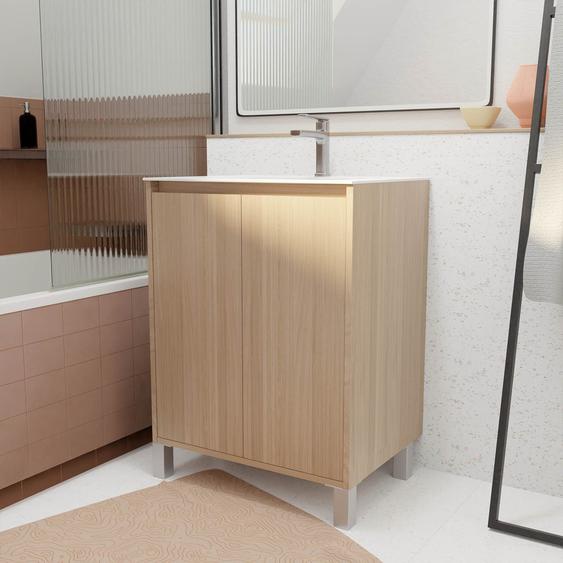 Pack Meuble Salle De Bains 60 Cm Chêne Clair, 2 Portes Avec Vasque Céramique - Xenos