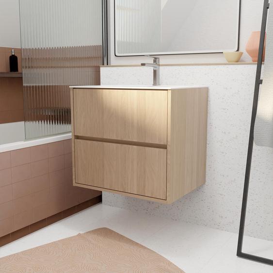 Pack Meuble Salle De Bains 60 Cm Chêne Clair, 2 Tiroirs Avec Vasque Céramique - Xenos