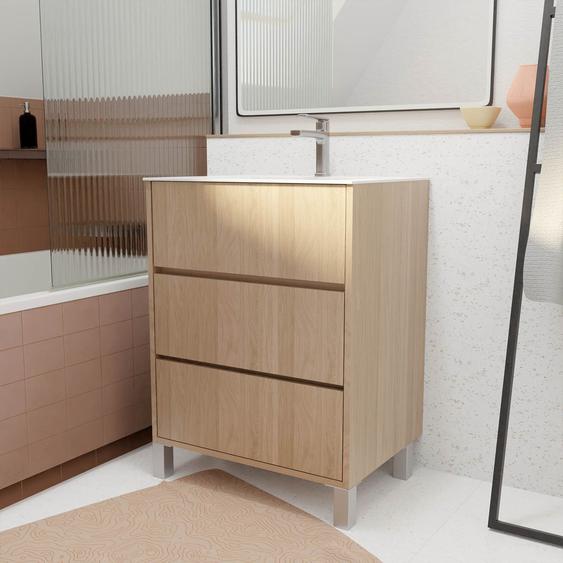 Pack Meuble Salle De Bains 60 Cm Chêne Clair, 3 Tiroirs Avec Vasque Céramique - Xenos