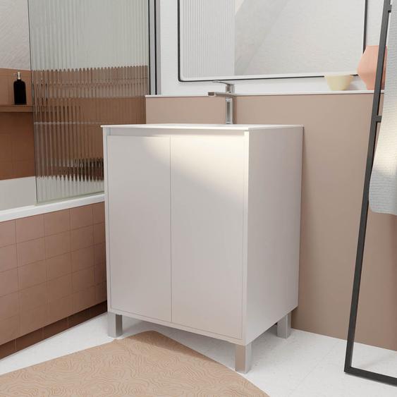 Pack Meuble Salle De Bains 60 Cm Laqué Blanc, 2 Portes Avec Vasque Céramique - Xenos