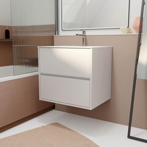 Pack Meuble Salle De Bains 60 Cm Laqué Blanc, 2 Tiroirs Avec Vasque Céramique - Xenos