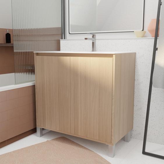 Pack Meuble Salle De Bains 80 Cm Chêne Clair, 2 Portes Avec Vasque Céramique - Xenos