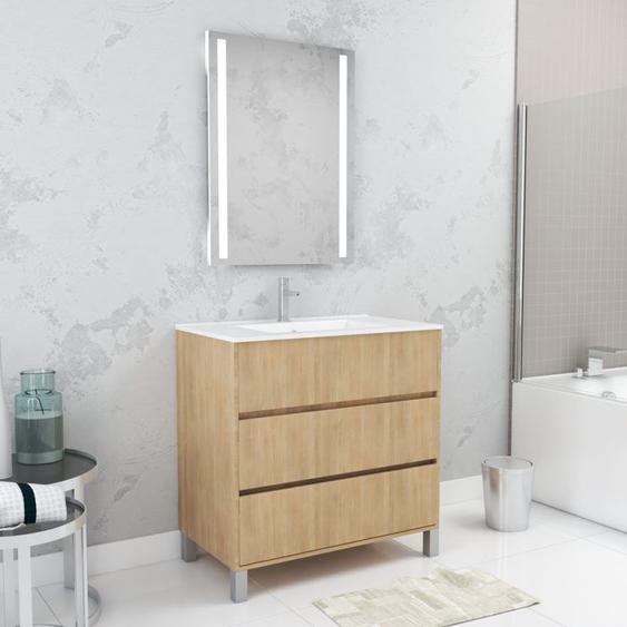 Pack Meuble Salle de Bains 80cm Chêne Clair 3 Tiroirs, Vasque, Miroir 60x80 à Leds intégrées - XENOS