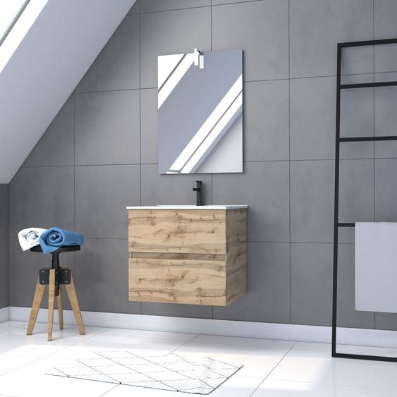 Pack Meuble Sdb 60cm Suspendu 2 Tiroirs Chene_Vasque Blanche + Miroir Led - Timber 60_Pack31