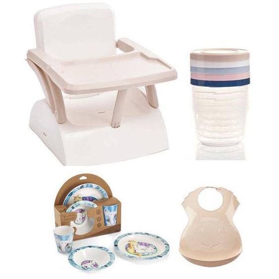 Pack Repas 2ème Âge - Thermobaby - Rehausseur Chaise - 5 Boîtes De Conservation - Coffret Vaisselle - Bavoir Semi-rigide Beige