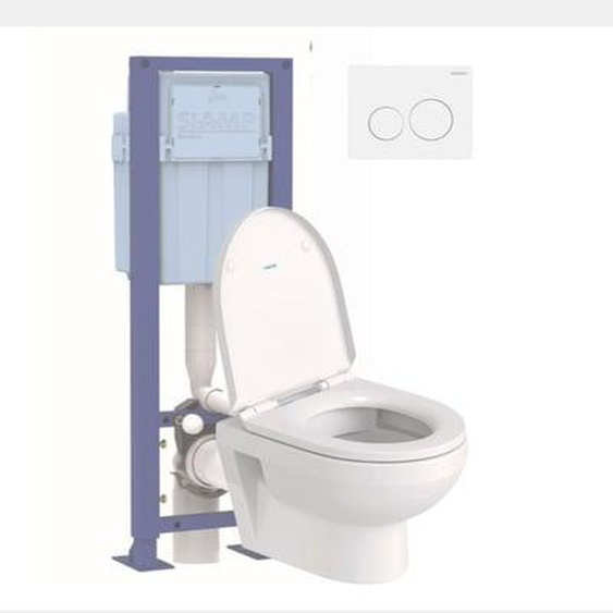 Pack WC suspendu compact sans bride Duravit No.1 abattant frein de chute + bati support SIAMP + Plaque de commande blanche