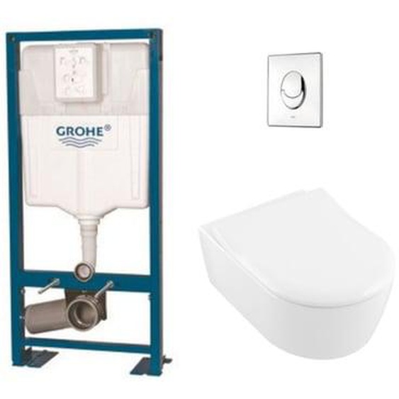 Pack WC suspendu sans bride  Avento + abattant + plaque chromée + bâti Grohe