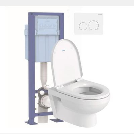 Pack WC suspendu sans bride Duravit No.1 avec abattant frein de chute + bati support SIAMP + Plaque de commande blanche