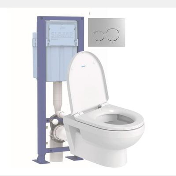 Pack WC suspendu sans bride Duravit No.1 avec abattant frein de chute + bati support SIAMP + Plaque de commande chromée