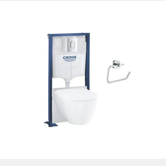 Pack WC suspendu sans bride Essence avec abattant + plaque chromée + bâti Grohe + Dérouleur papier