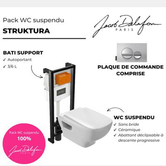 Pack WC suspendu sans bride Struktura+ bâti-support + plaque Chrome brillant/Chrome mat