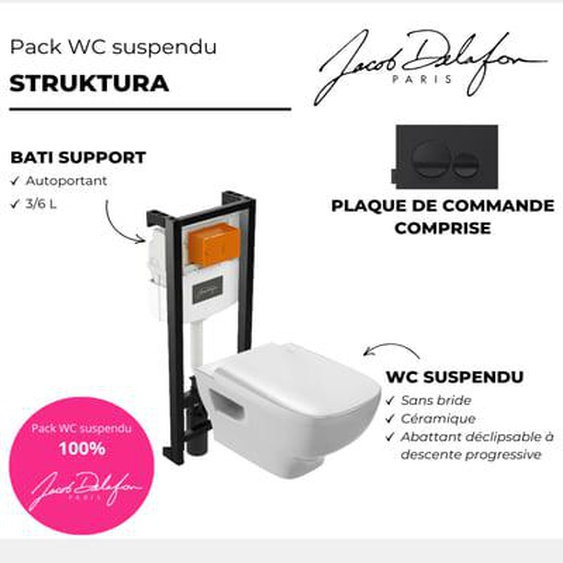 Pack WC suspendu sans bride Struktura+ bâti-support + plaque Noir brillant/Noir mat