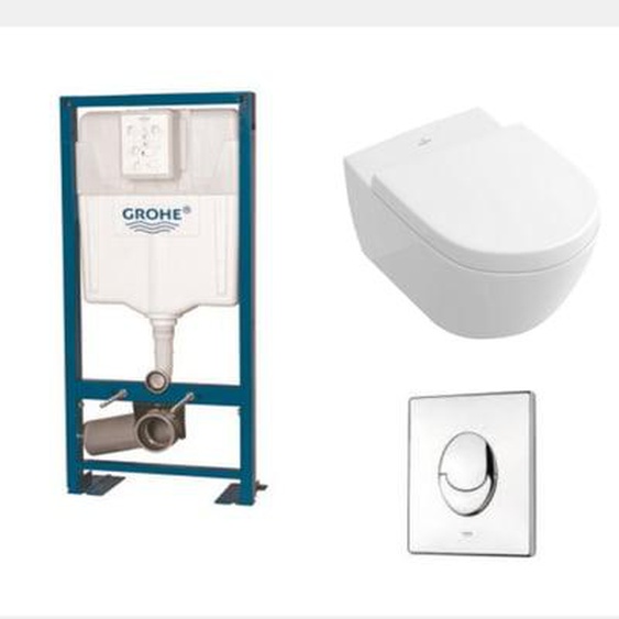 Pack WC suspendu sans bride  Subway 2.0 + abattant + plaque chromée + bâti Grohe