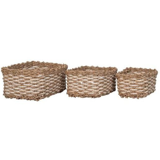 Paniers en paille et tissu blanc - Marque - Lot de 3 - Hauteur 10 cm - Intérieur