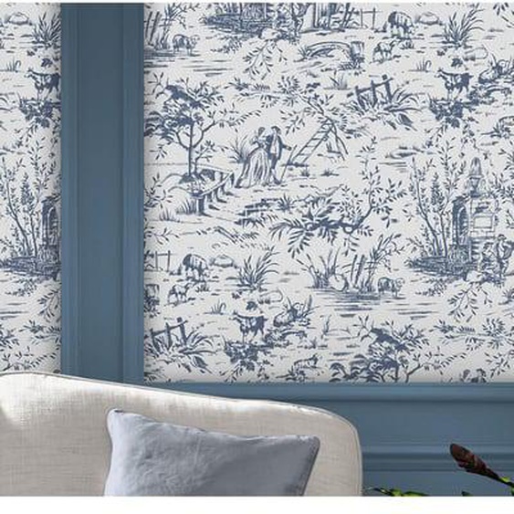 Papier peint Laura Ashley Toile de Jouy Dark Seaspray Bleu